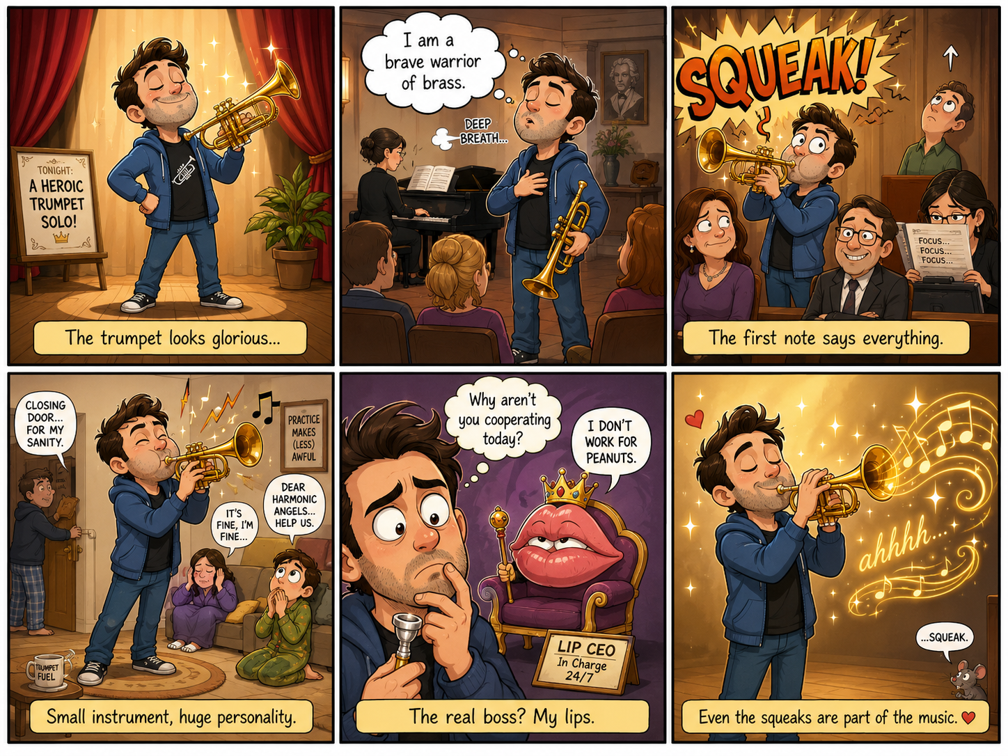 A fun and relatable blog post about trumpet playing, first-note pressure, squeaky sounds, high notes, tired lips, and why trumpet players still love this golden instrument.